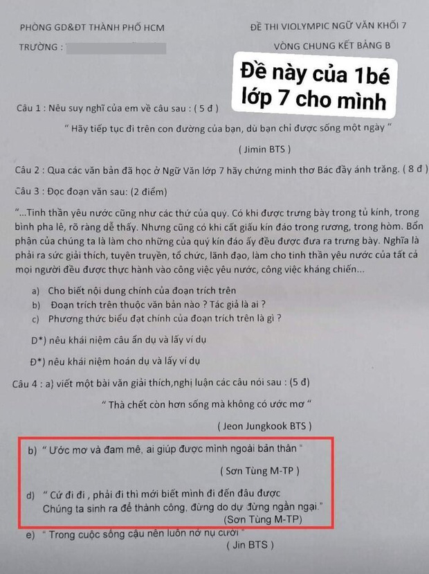 Sơn Tùng M-TP, BTS, Jack & K-ICM... bất ngờ xuất hiện trong đề kiểm tra, có đề còn gây sốc cà khịa Chi Pu - Ảnh 1.