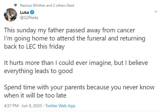 Tin buồn: G2 Perkz thông báo cha của anh vừa qua đời vì bệnh ung thư - Ảnh 1.