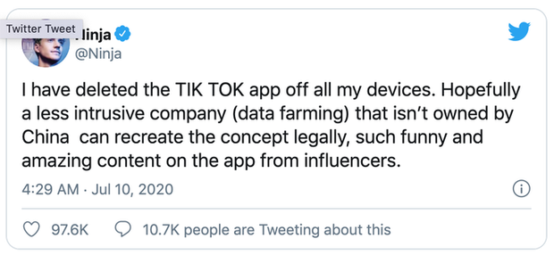 Streamer nổi tiếng nhất thế giới Ninja tuyên bố bỏ TikTok vì lo ngại vấn đề bảo mật - Ảnh 1.