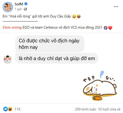 EGO gửi lời cảm ơn SofM sau chức vô địch VCS Mùa Đông 2021, nhưng Thần rừng Việt Nam phải thanh minh gấp 1 điều - Ảnh 3.