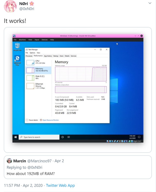 Một thành viên nhí 16 tuổi trên Twitter đã boot vào Windows 10 thành công chỉ với 192MB RAM - Ảnh 1.
