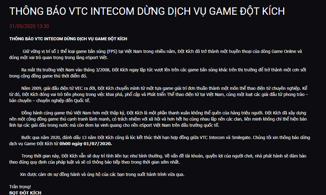 Nóng! VTC Game đột ngột thông báo chính thức dừng dịch vụ game Đột Kích - Ảnh 3.