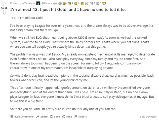 Game thủ 43 tuổi lên Reddit khoe vừa lên rank Vàng, ai ngờ gặp toàn đồng chí, topic biến thành hội người cao tuổi mê LMHT - Ảnh 2.