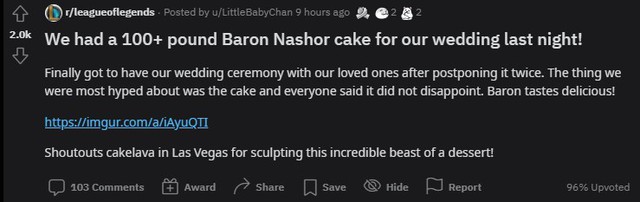 Quá đam mê LMHT, một nữ game thủ quyết định dùng bánh Baron phiên bản nặng hơn 45kg làm bánh cưới - Ảnh 1.