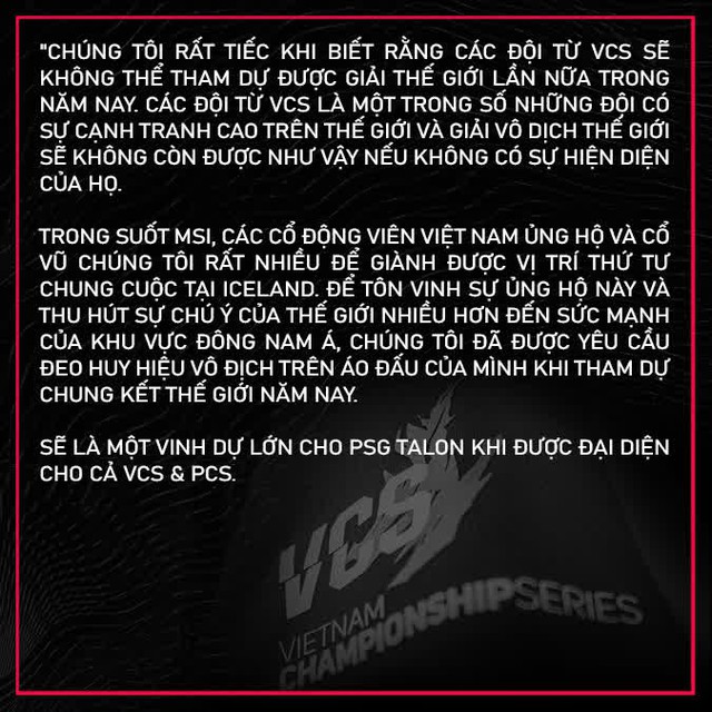 Tri ân LMHT Việt Nam, người anh em PSG Talon sẽ chiến đấu tại CKTG 2021 với logo VCS trên áo đấu - Ảnh 2.